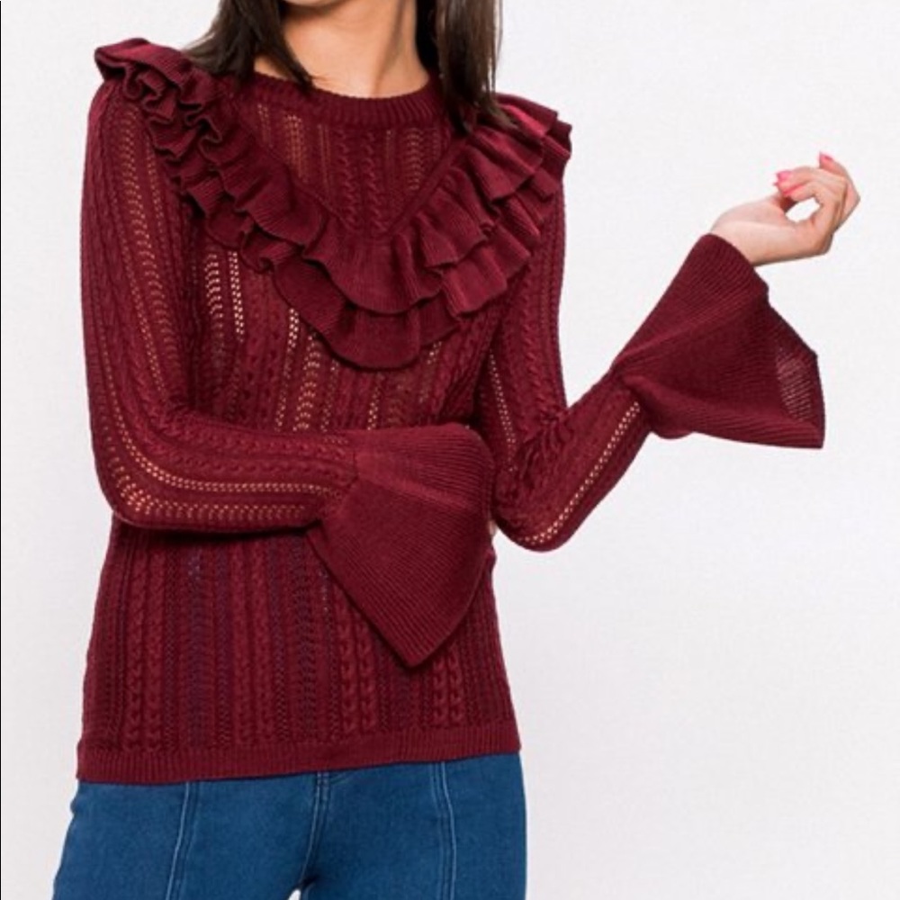 Flying Tomato Burgundy Ruffled Crocheted Lantern Sleeve Knitted Sweater Size M